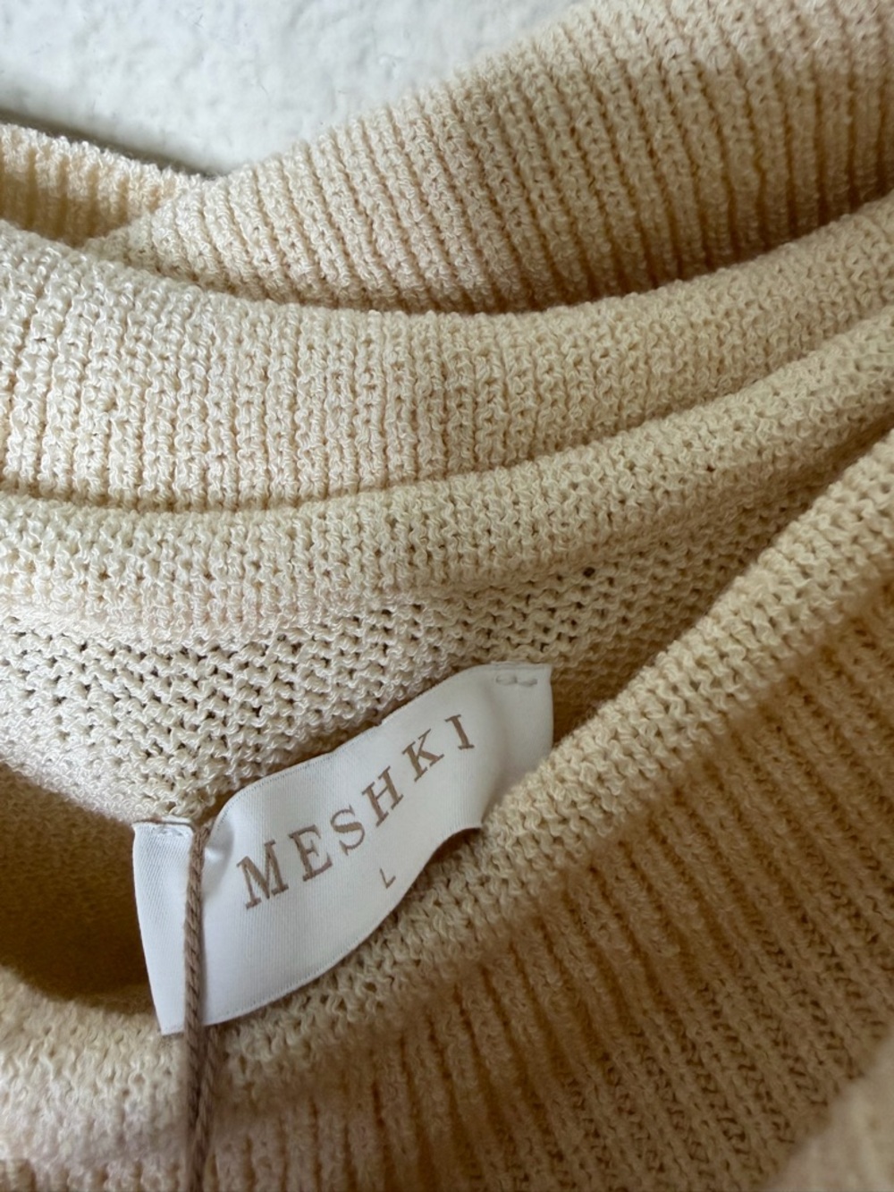 NWT Meshki Camryn Off Shoulder‎ Tie Knit Mini Dress Cream Marle Women’s Size L - Picture 11 of 11